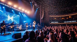 A concert with a stage, audience, and a large screen displaying 'LIVE MUSIC AT TOYOTA MUSIC FACTORY'.