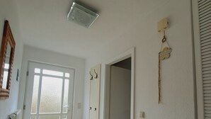 A room with a wooden floor, a door with a window, a wall-mounted air conditioner, and a small plant.