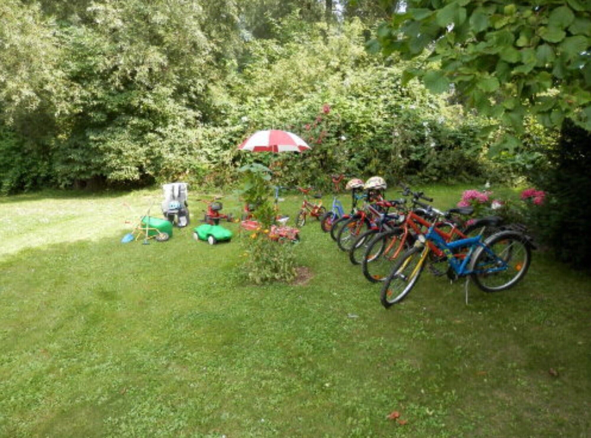 Une zone herbeuse où sont garés des vélos, avec un petit arbre surmonté d’un parasol rouge et blanc.