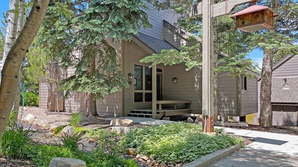 A modern house with a covered porch, a stone pathway, and a well-maintained garden.
