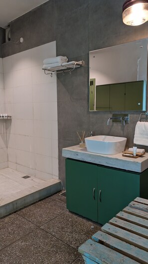 Een douche,  milieuvriendelijk toiletgerief, een haardroger, een bidet