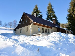 A two-story house with a sloped roof, surrounded by snow and trees.