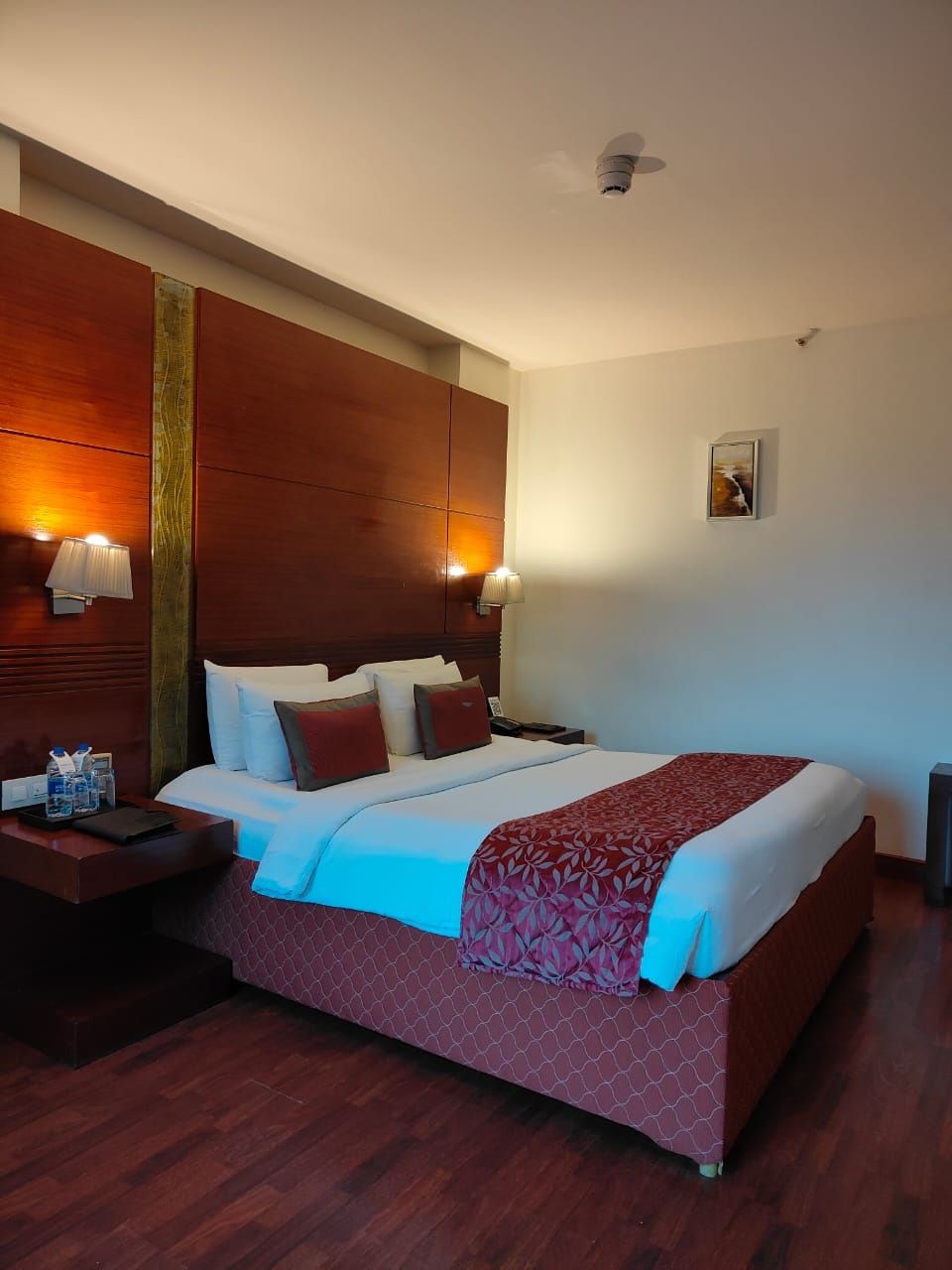 A hotel room with a large bed, two bedside tables, a nightstand, and a wall-mounted lamp.