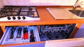 A kitchen with a stove, sink, and a dishwasher drawer.