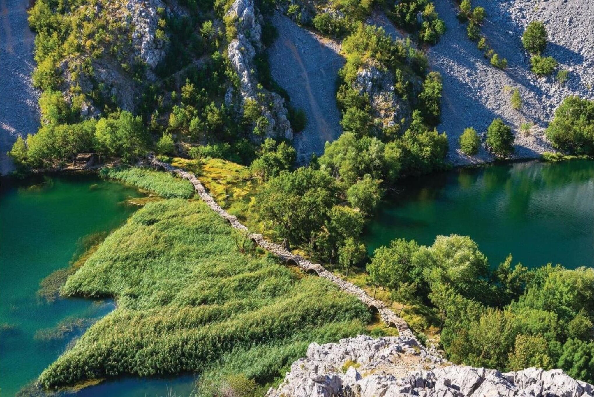 Eine natürliche Landschaft mit einem Fluss, felsigem Gelände und dichter Vegetation.