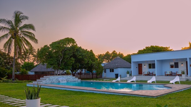 Una piscina amb gandules, una palmera i un edifici modern amb façana blava.