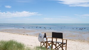 Une plage avec une chaise de réalisateur et une couverture sur le sable.