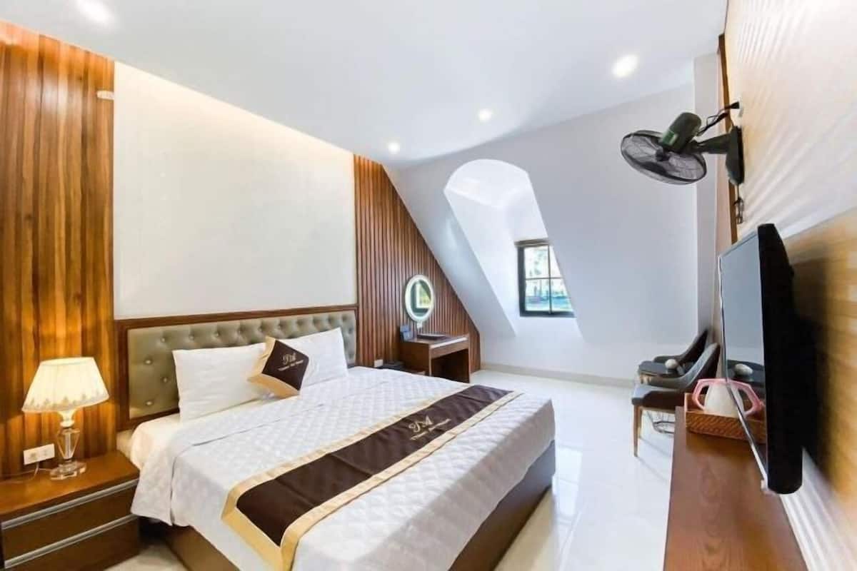A hotel room with a bed, a desk, a TV, a fan, and a window.