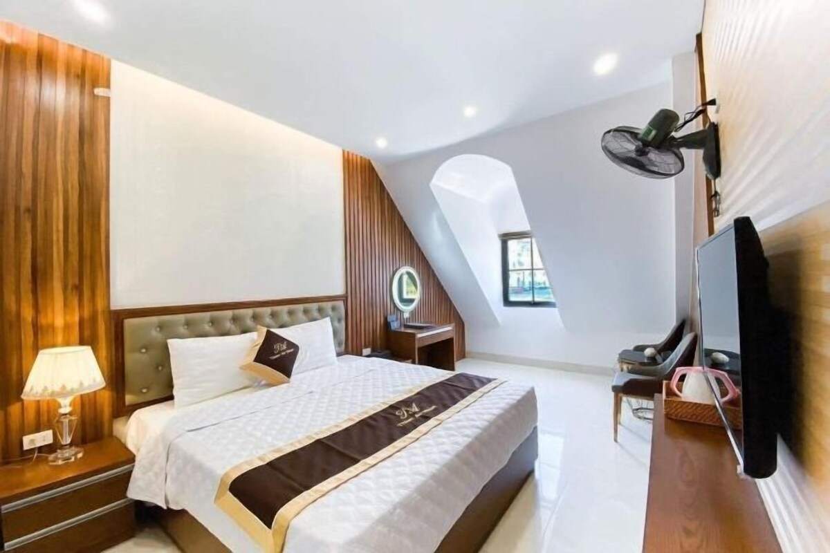 A hotel room with a bed, a desk, a TV, a fan, and a window.