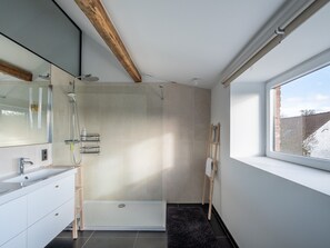 A modern bathroom with a shower, a sink, and a mirror. - Overijse Grande Residence (Overijse)