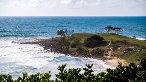 A coastal landscape with a grassy hill, trees, and the ocean. - Clarence Farm Stay by Tiny Away (James Creek)