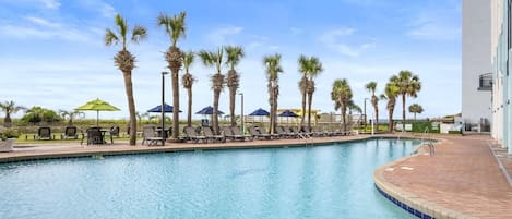 A swimming pool with lounge chairs and umbrellas, surrounded by palm trees.