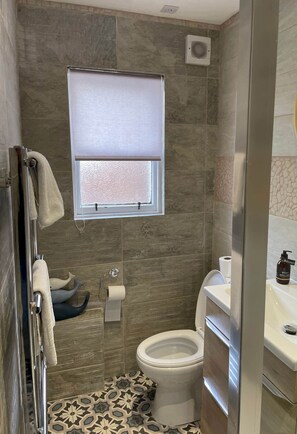 Dusche, Haartrockner, Handtücher, Seife