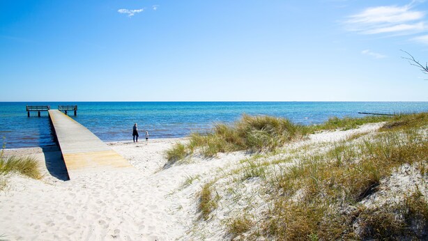 Ein sandiger Strand mit einem hölzernen Steg, der ins Wasser führt, ein klarer Himmel und eine Person am Ende des Stegs.