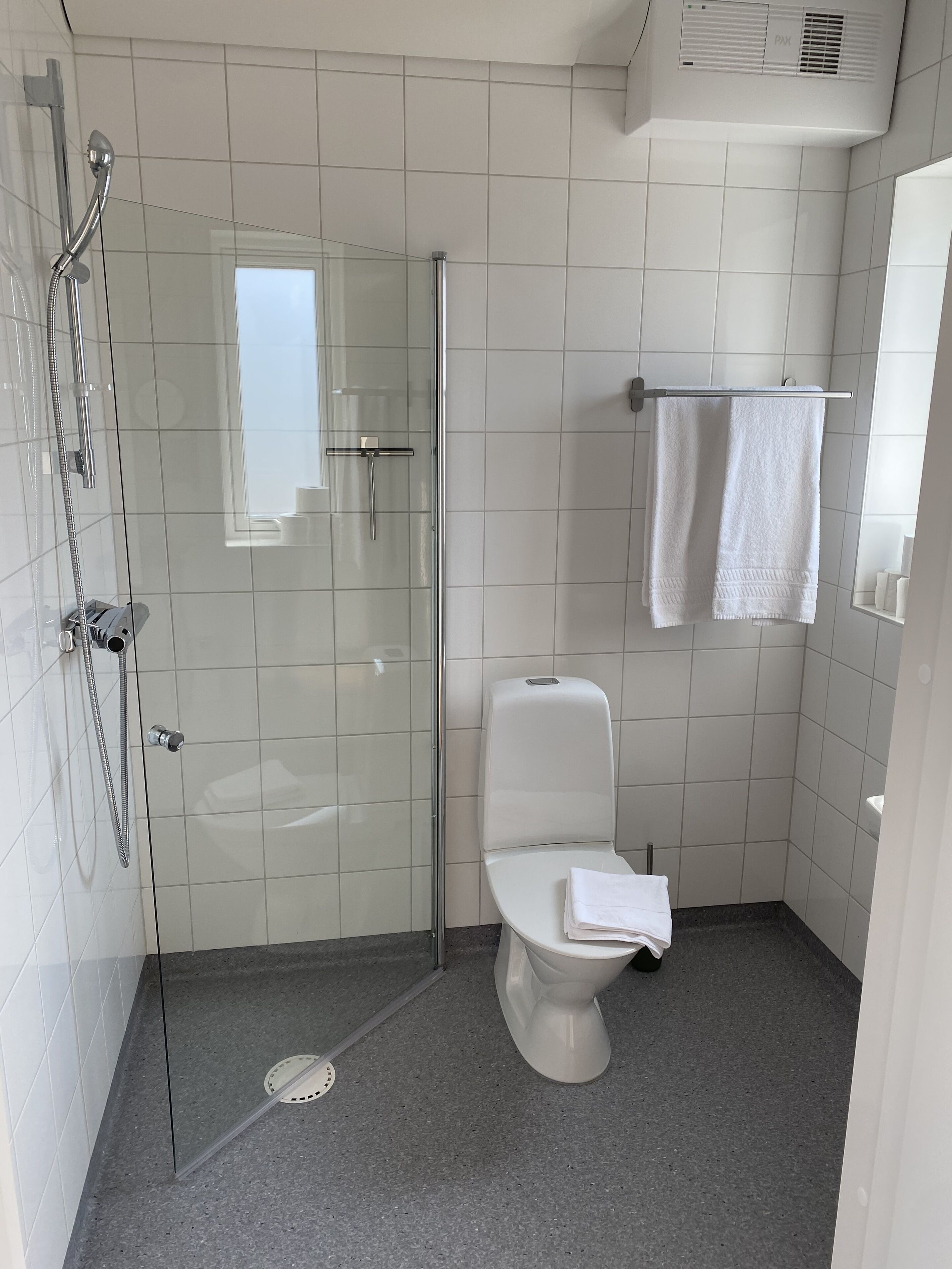A modern bathroom with a glass-enclosed shower, a white toilet, and a towel rack.