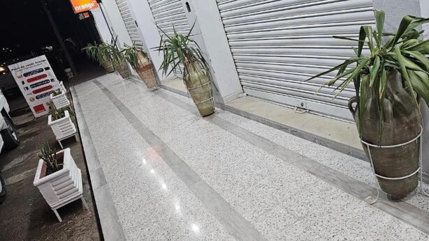 Un pasillo con plantas en macetas, una tienda cerrada con un letrero y un piso de baldosas.