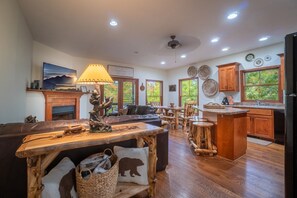 Smart TV, chimenea, libros