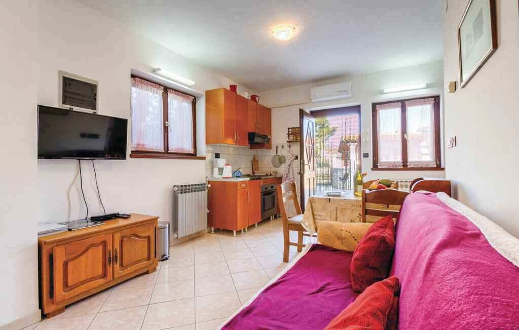 A compact living space with a kitchenette, a dining area, and a seating area with a sofa and a chair.