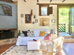 Smart TV, lareira, livros