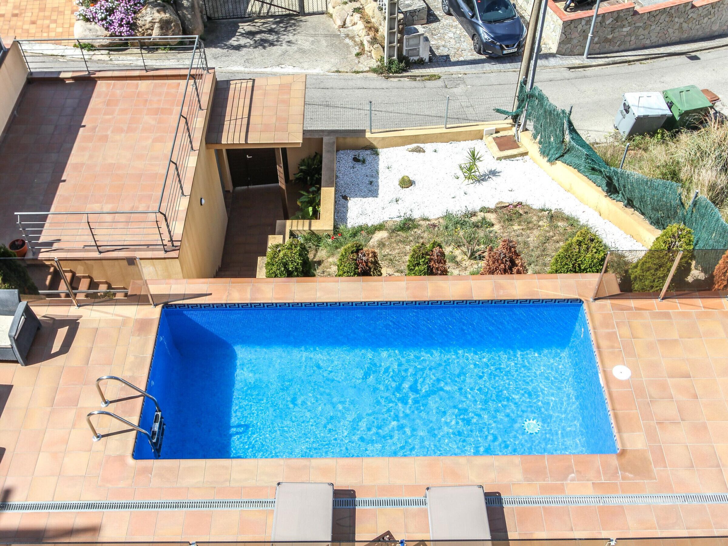 Une piscine sur le toit, avec une eau d’un bleu limpide, entourée d’une terrasse carrelée et d’un petit jardin agrémenté de différentes plantes.