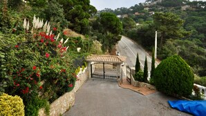 A paved driveway leading to a gated entrance with a stone wall and a tiled roof structure.