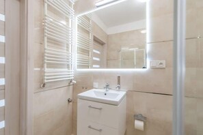 Shower, hair dryer, towels