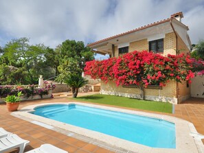 A house with a swimming pool, a garden with various plants, and a brick wall.