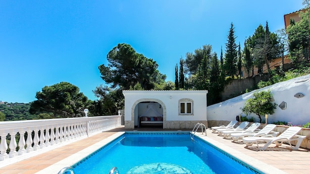 A swimming pool with a clear blue center, surrounded by a white wall and a white fence.