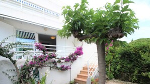 Ein Gebäude mit weißer Fassade, einer Treppe, die zu einer Tür führt, und einem Baum mit violetten Blüten.