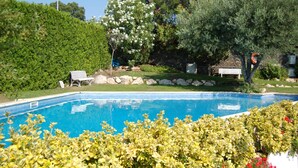 Une piscine à l’eau d’un bleu cristallin, entourée d’une végétation luxuriante et d’un mur de pierre.