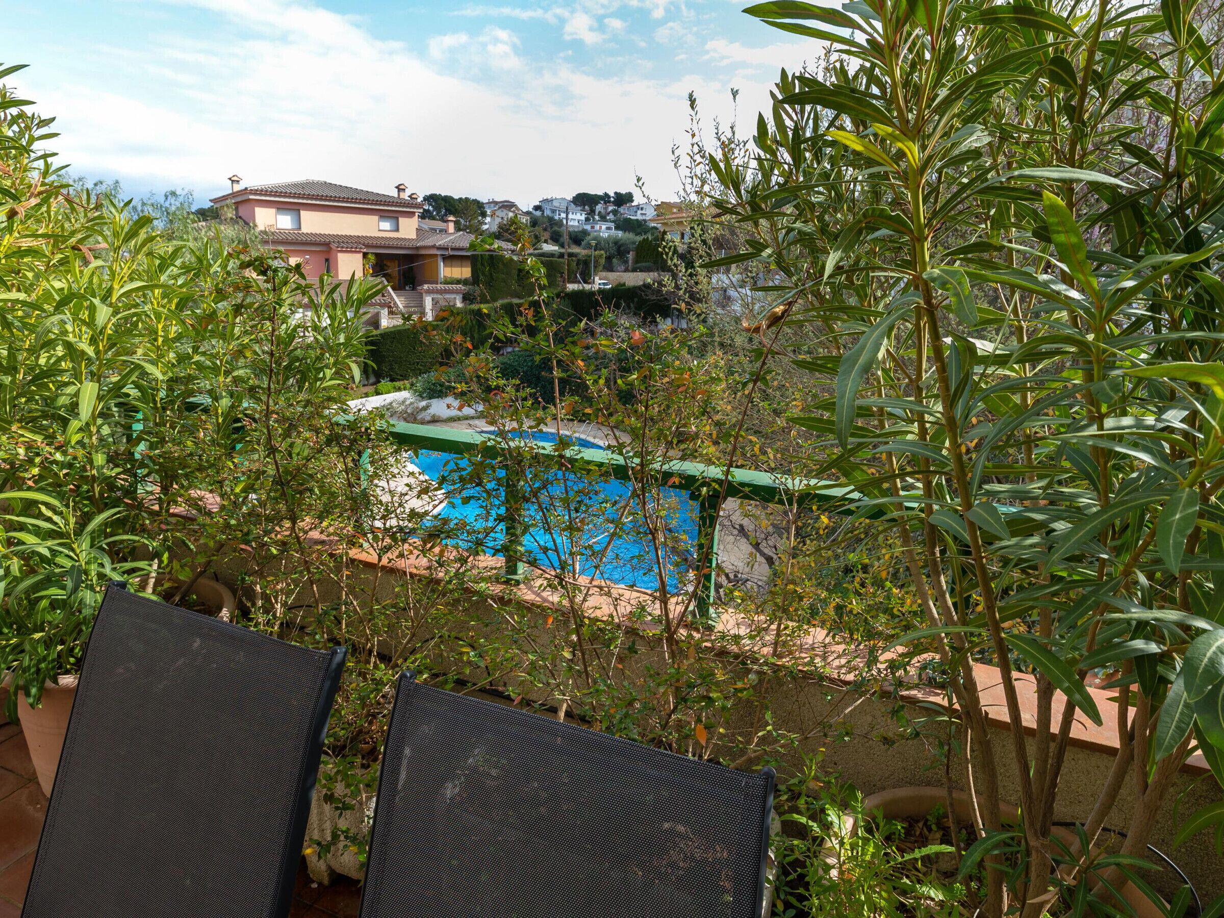 Udsigt over en swimmingpool omgivet af frodig vegetation, med et hus i baggrunden.