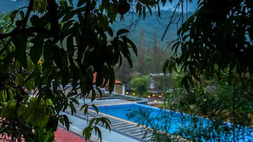 Outdoor pool, pool umbrellas, pool loungers