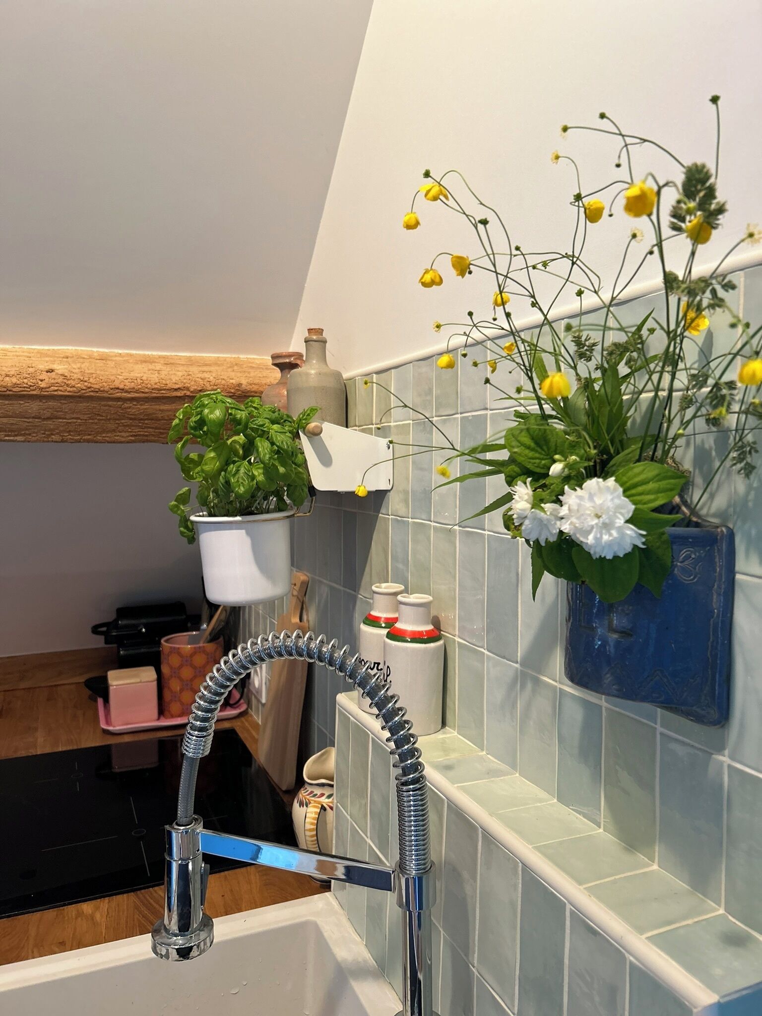 Une cuisine avec un évier, une plante suspendue et un mur recouvert de carreaux.