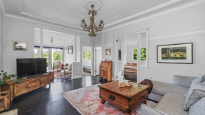 TV, fireplace, books