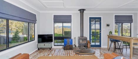 Una televisión, una chimenea