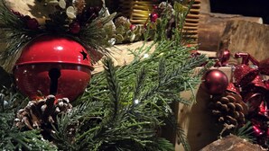 Árvore de Natal decorada com enfeites, pinhas e uma estrela sobre uma superfície de madeira.