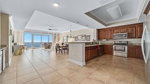 Fridge, microwave, oven, stovetop