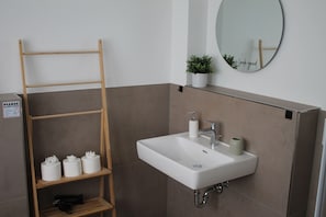 Chuveiro, secador de cabelo, toalhas de banho, sabonete