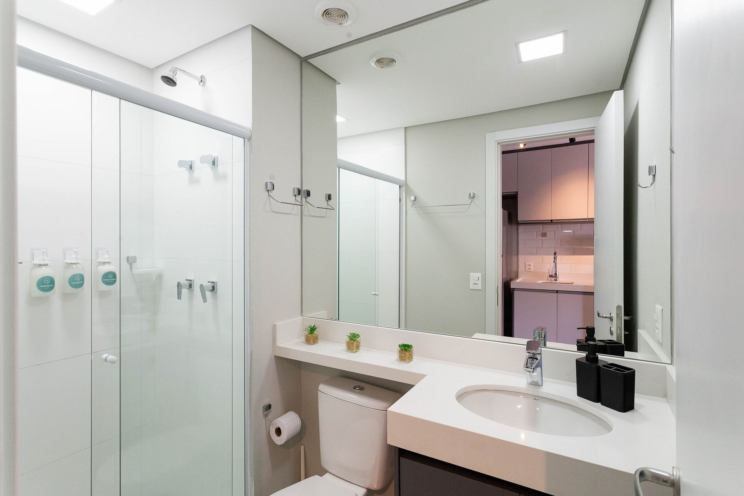 A modern bathroom with a glass shower enclosure, a toilet, and a sink with a mirror above.