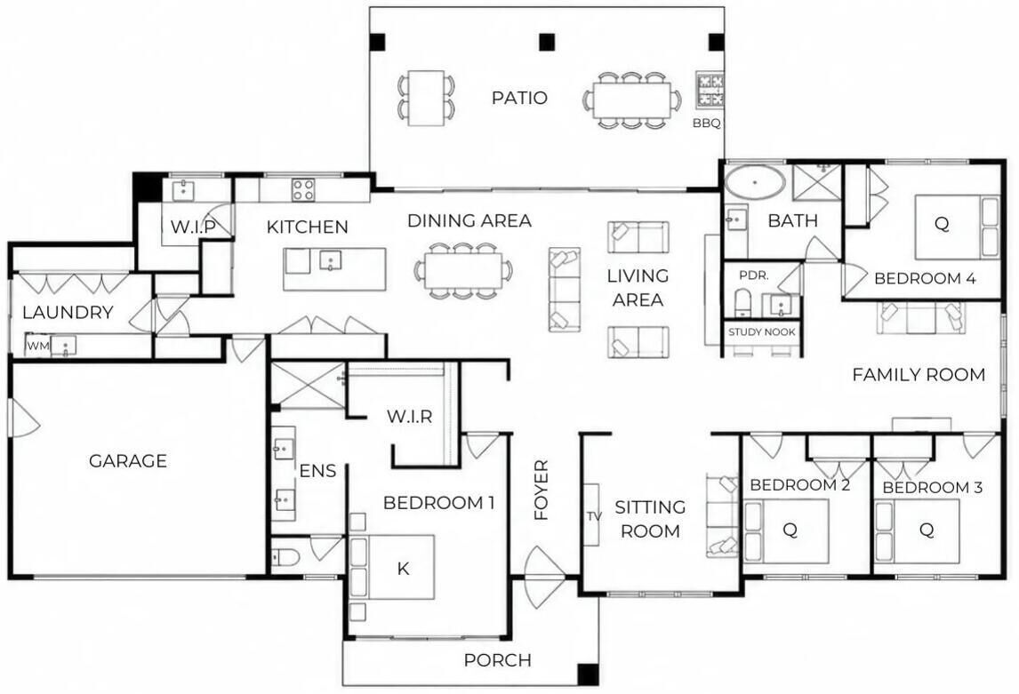 A floor plan with a patio, kitchen, dining area, living area, family room, three bedrooms, a bathroom, a study nook, a sitting room, a porch, a garage, and a laundry room.