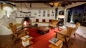 Un salon chaleureux avec une cheminée, des meubles en bois et une bibliothèque.