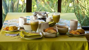 Une table dressée avec des aliments pour le petit-déjeuner, notamment des œufs, des toasts et des boissons, et une vue sur une végétation luxuriante par la fenêtre.