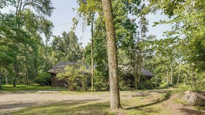 A rustic cabin surrounded by a dense forest. - Clarks Hill Lake Area Home w/ Pool & Dock! (Lincolnton)