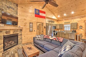 TV, fireplace - Coosawattee River Resort Cabin w/ Private Hot Tub! (Ellijay)