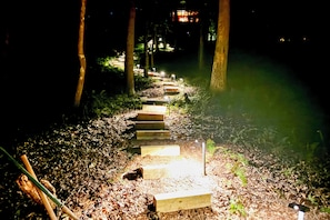 A pathway with steps leading through a wooded area, illuminated by lights. - Peaceful Blue Ridge Cabin w/ Decks & Fire Pit (Blue Ridge)