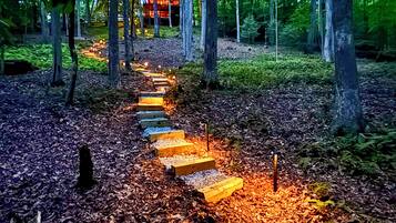 A wooden pathway with steps leading to a structure in a forested area.