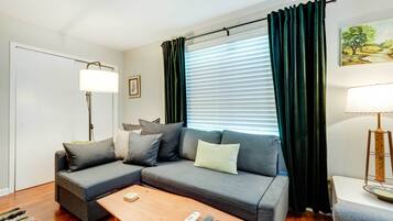 TV, fireplace, books