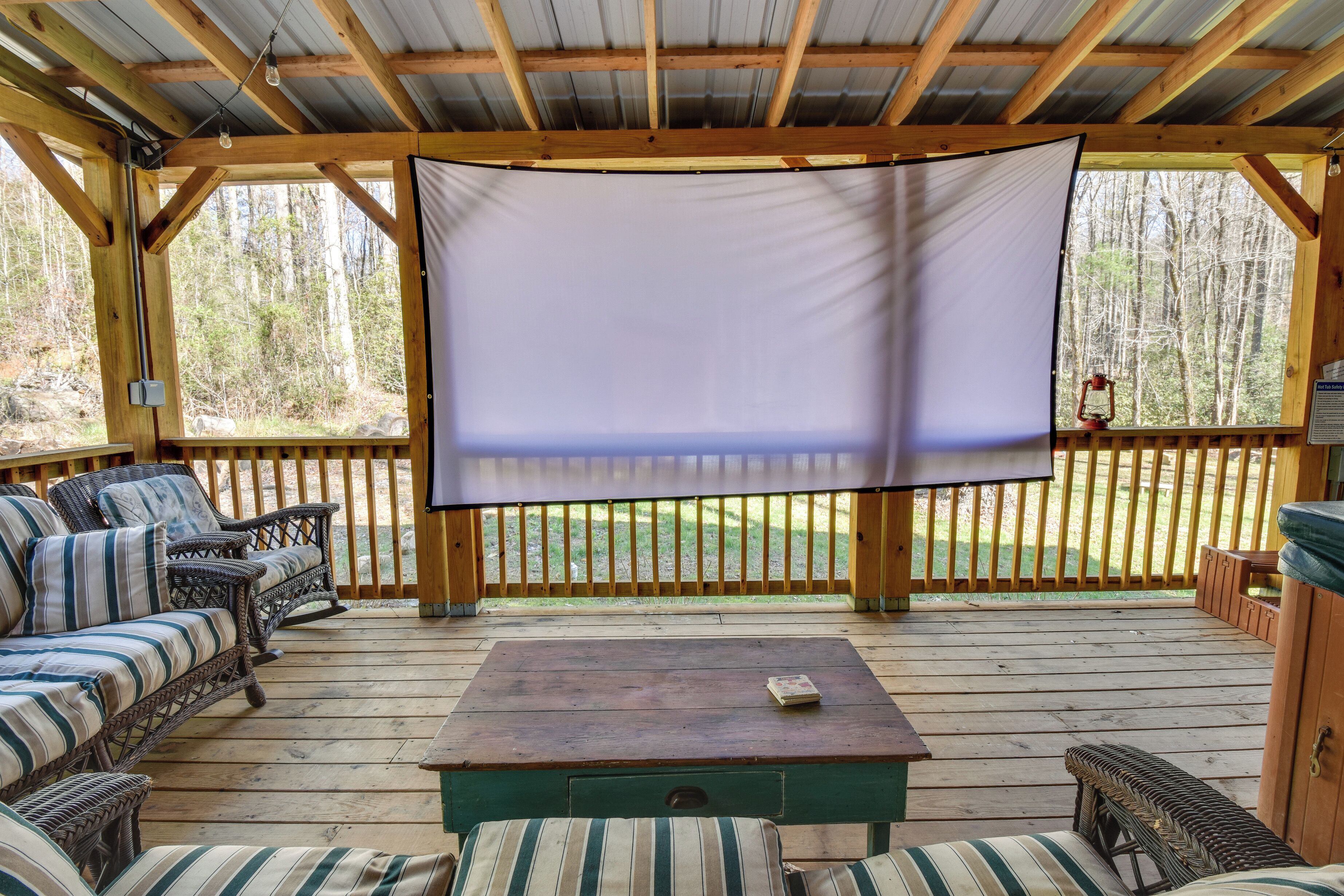 A covered deck with wooden furniture, a table, and a large screen.