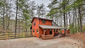 A rustic cabin with a porch, surrounded by trees. - Modern Cabin w/ Deck in the Blue Ridge Mountains! (Blairsville)