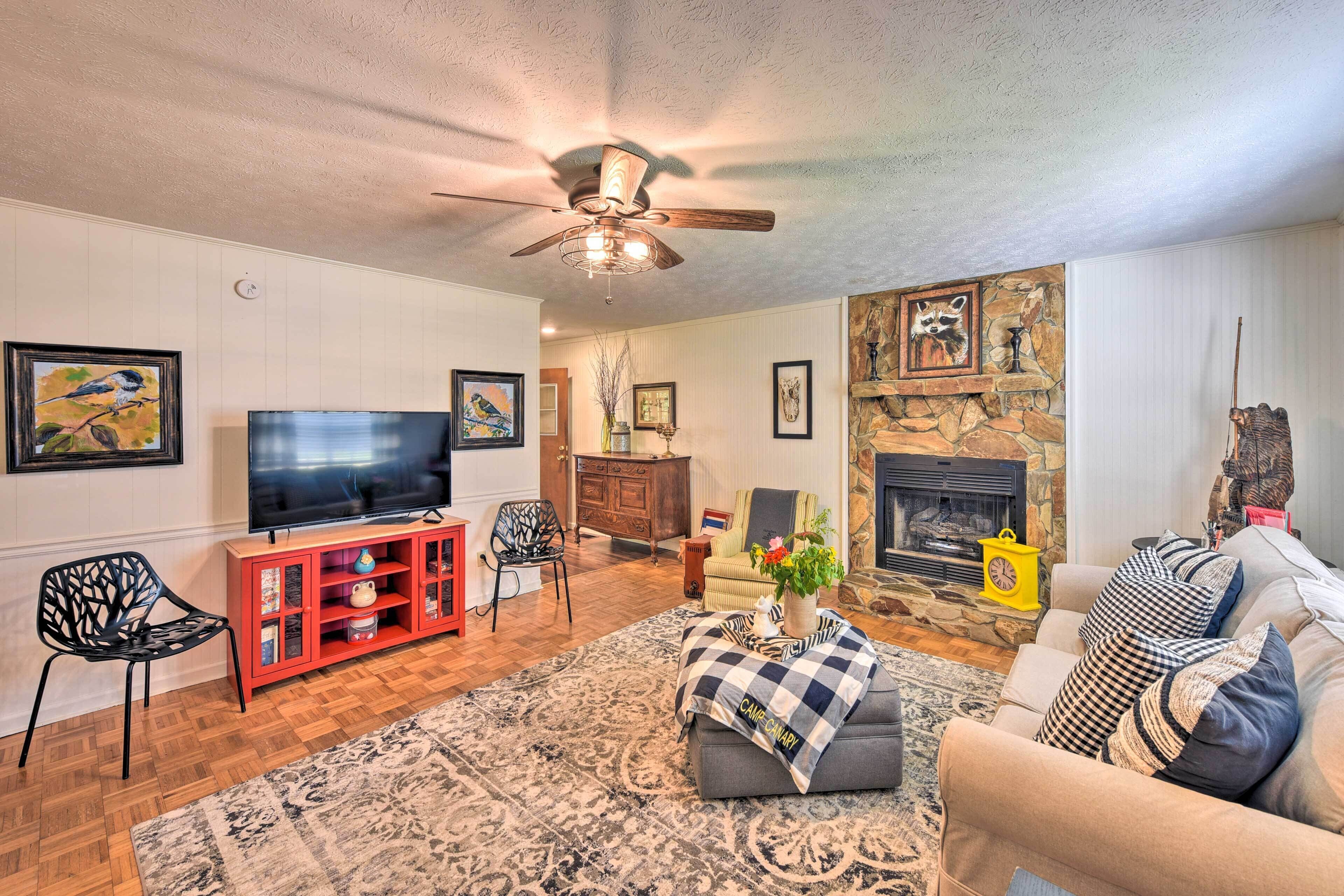 TV, fireplace, books